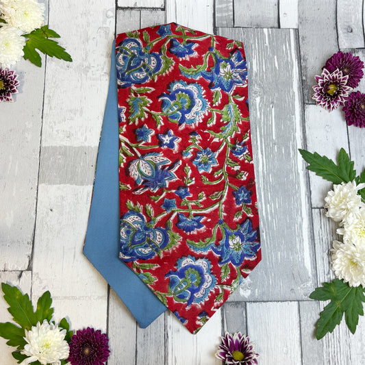 Hand-Printed Red & Blue Floral Modal Silk Cravat