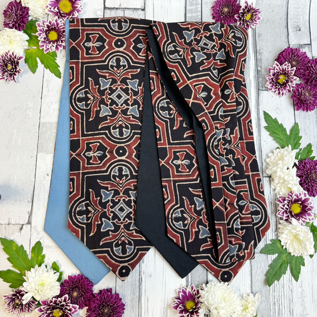 Hand-Printed Black Red Blue Mosaic Cravat - Choose The Backing