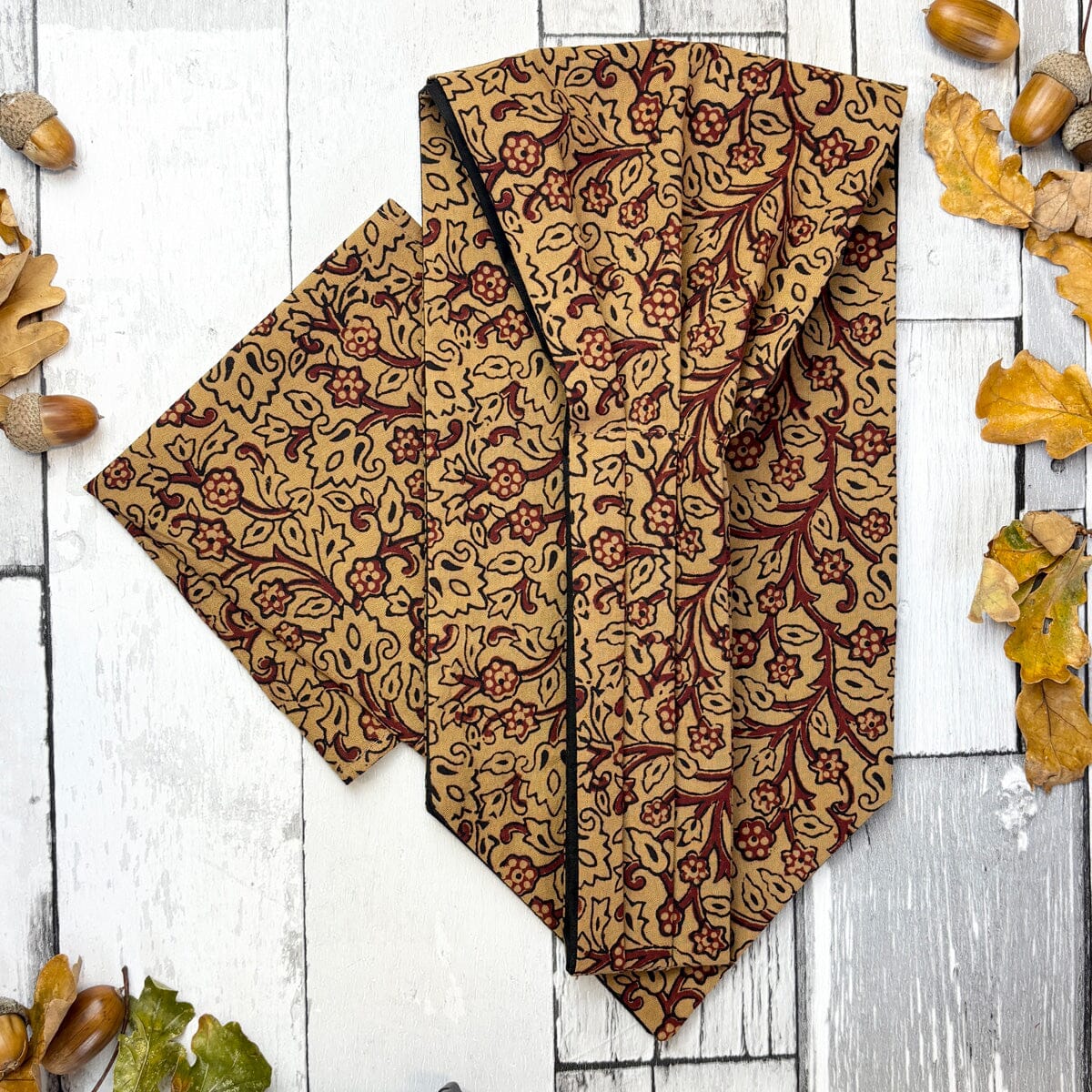Beige & Claret Vines Hand-Printed Cotton Cravat - Cravats -