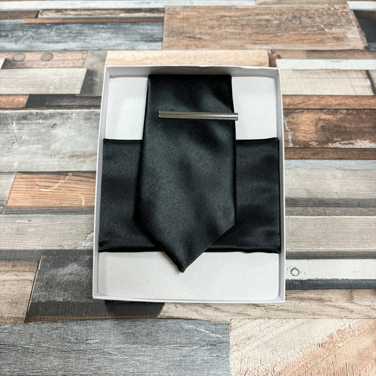 Black Satin Tie - Gift Sets - Regular Tie Boxed Set (With Tie/Square/Bar) - Save £5.00