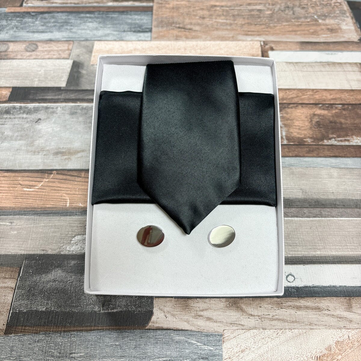 Black Satin Tie - Gift Sets - Regular Tie Boxed Set (With Tie/Square/Cufflinks) - Save £8.00