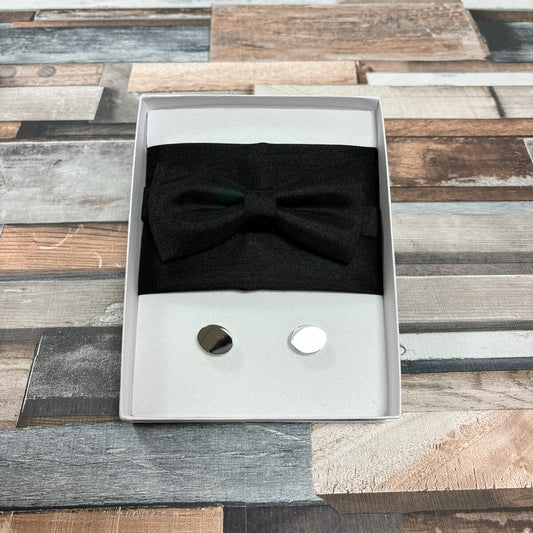 Black Shantung Bow Tie - Gift Sets - Pre-Tied Bow Tie Boxed Set (With Bow/Square/Cufflinks) - Save £8.00