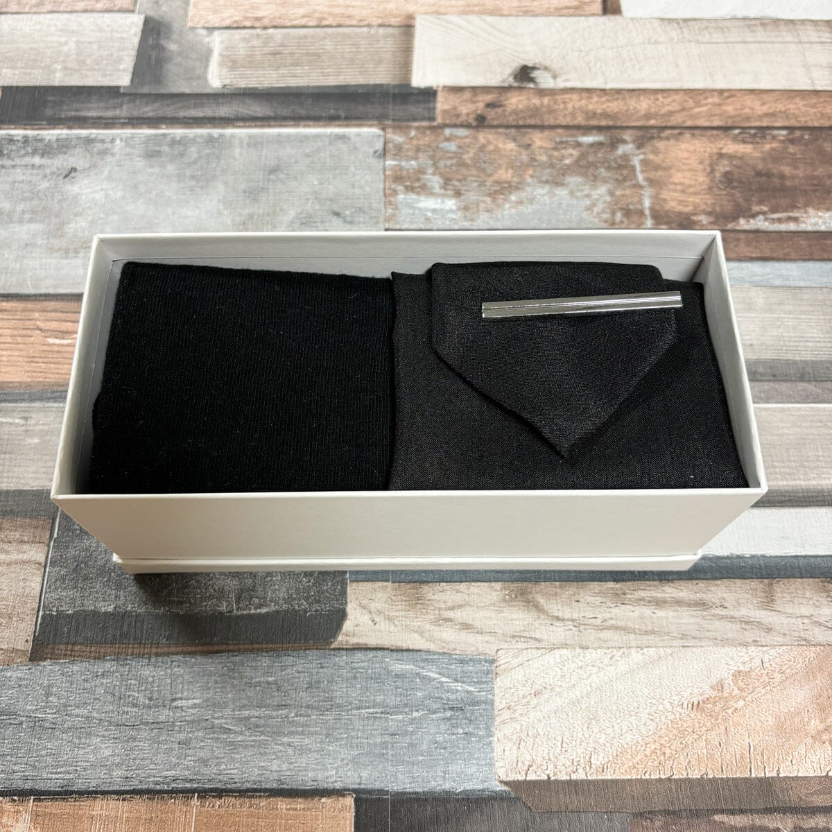 Black Shantung Tie & Socks Boxed Gift Set - Gift Sets - Regular Tie with Socks & Pocket Square Boxed Set With Tie Bar