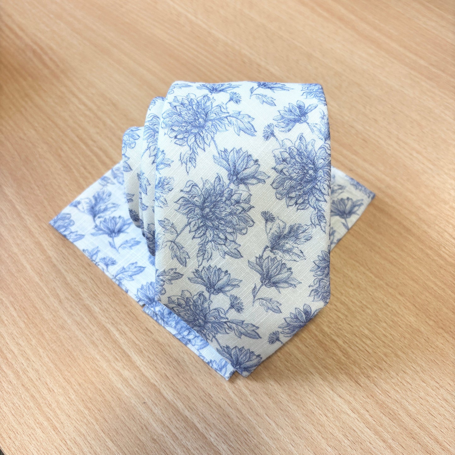 Blue Floral Linen Wedding Tie Set - Ties -