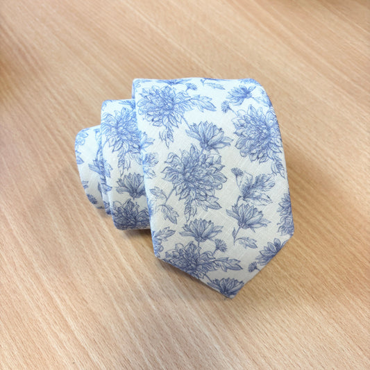 Blue Floral Linen Wedding Tie Set - Ties -