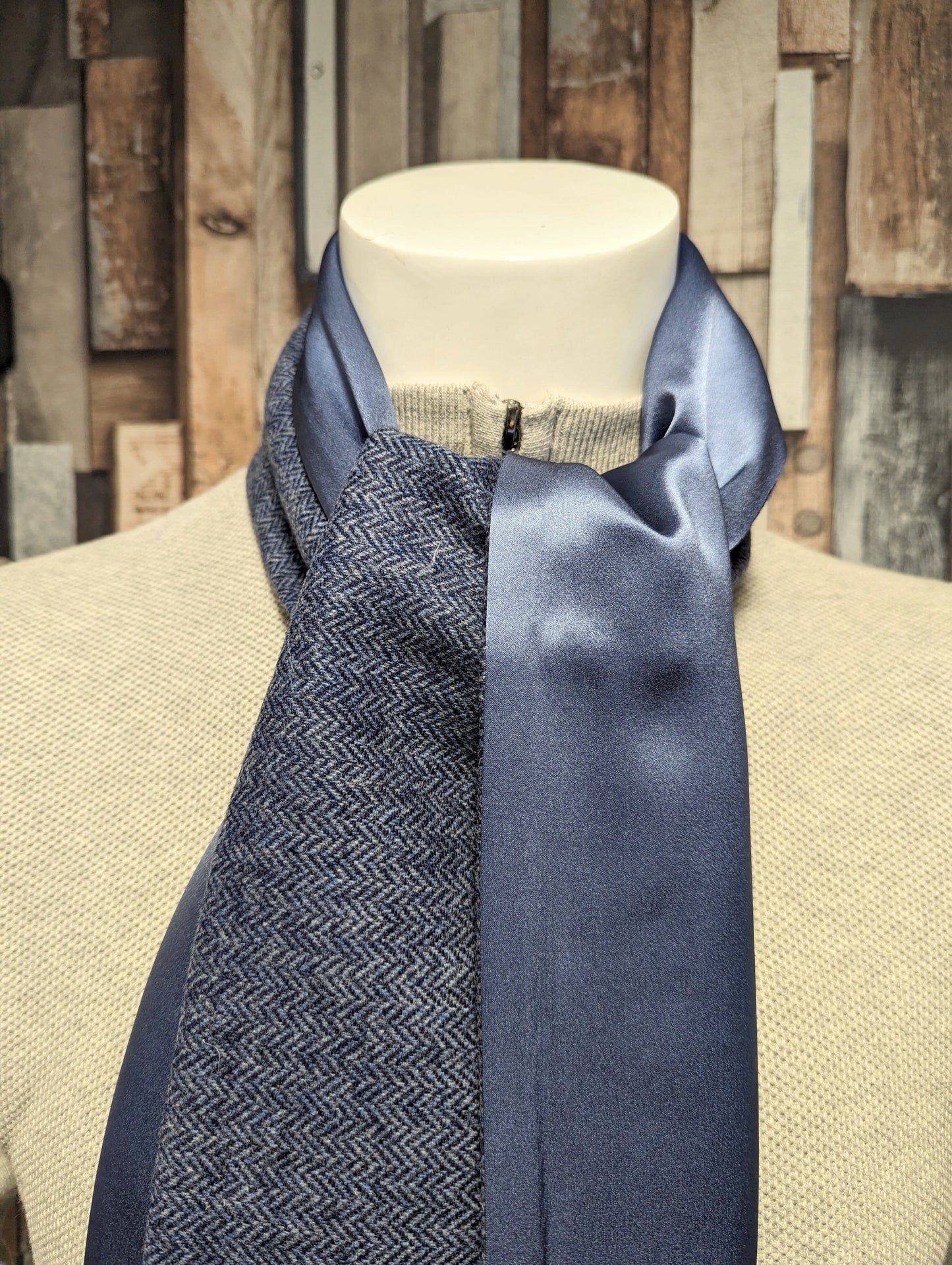 Blue Herringbone Wool Backed Silk Scarf - Scarves -