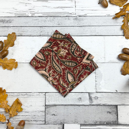 Claret Hand-Printed Cotton Pocket Square - Handkerchiefs -