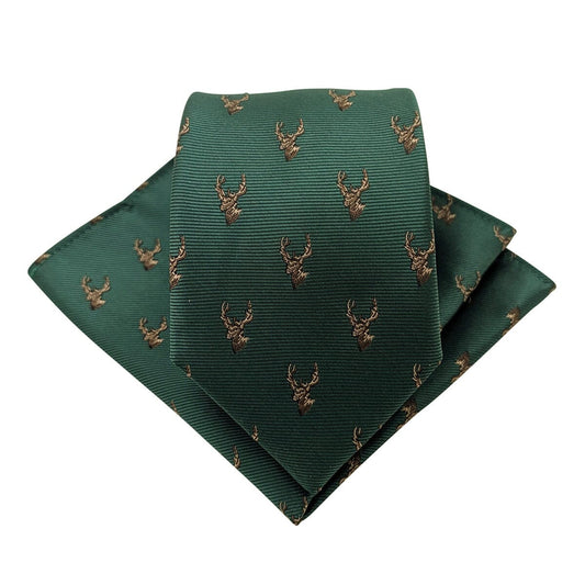 Dark Green Stags Tie - Ties - Regular Add Pocket Square - Save £1.00