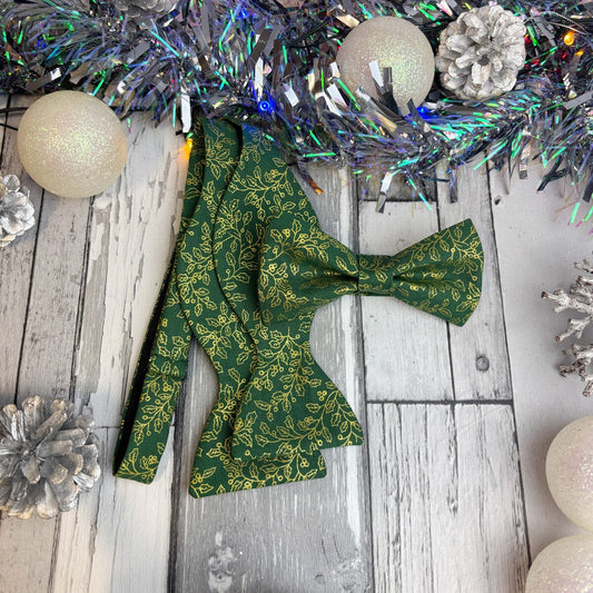 Green & Gold Holly Berries Bow Tie - Bow Ties -