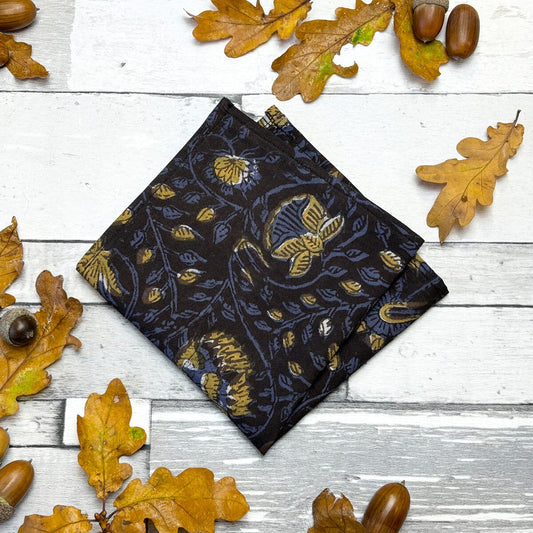 Navy & Mustard Hand-Printed Cotton Pocket Square - Handkerchiefs -
