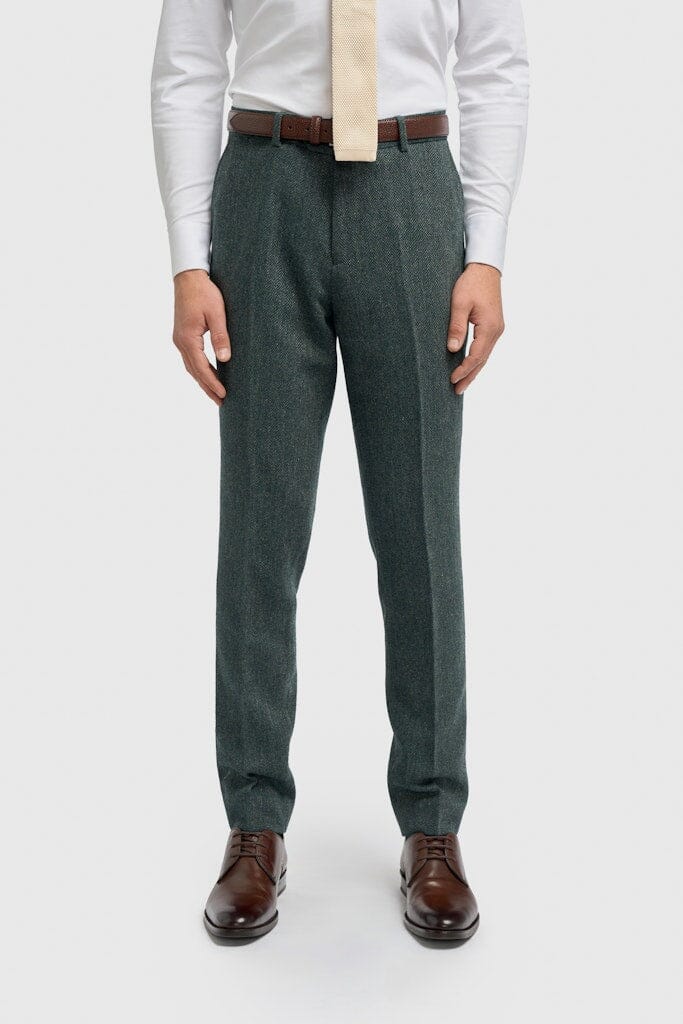 Thomas Olive Herringbone Trousers - Trousers - 28R