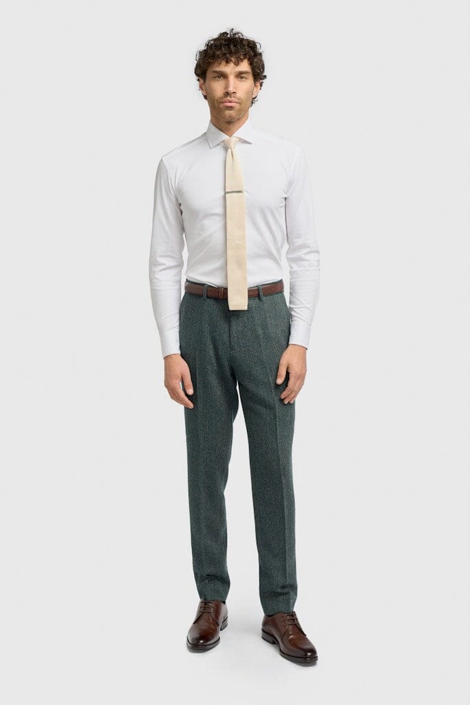 Thomas Olive Herringbone Trousers - Trousers -