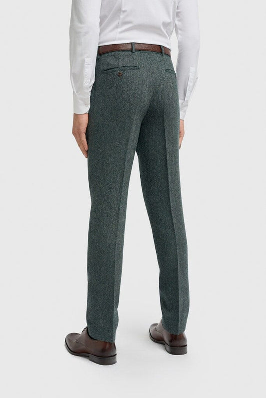 Thomas Olive Herringbone Trousers - Trousers -