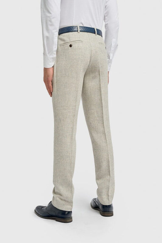 Thomas Pearl Grey Herringbone Trousers - Trousers -
