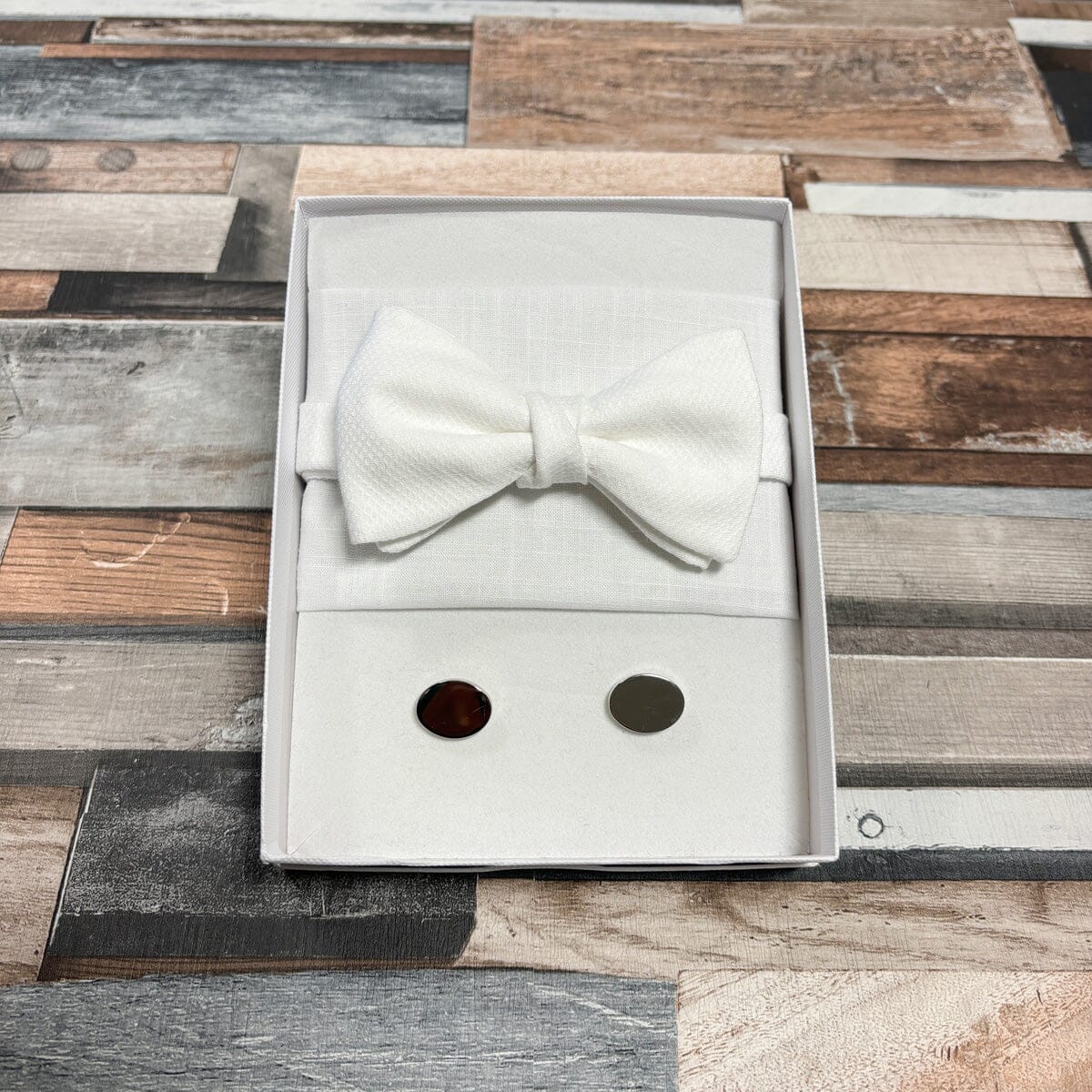 White Marcella Bow Tie - Gift Sets - Pre-Tied Bow Tie Boxed Set (With Bow/Square/Cufflinks) - Save £8.00