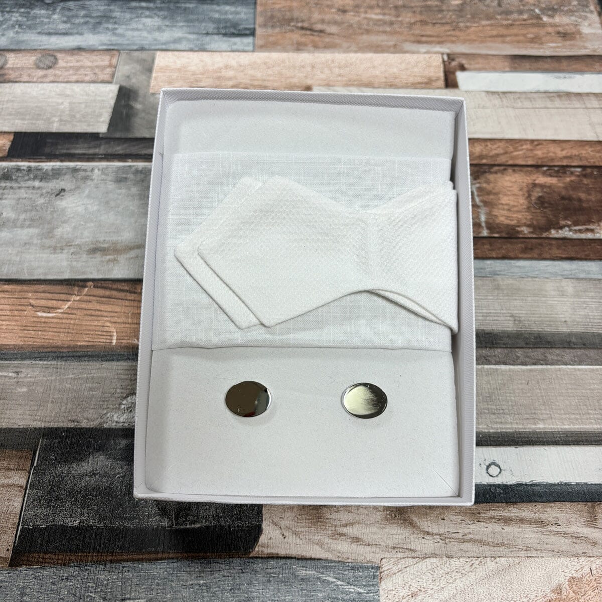 White Marcella Bow Tie - Gift Sets - Self-Tie Diamond Bow Tie Boxed Set (With Bow/Square/Cufflinks) - Save £8.00