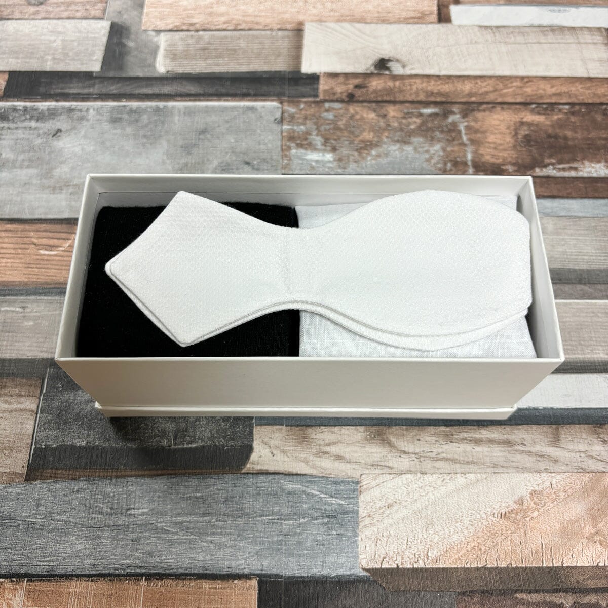 White Marcella Bow Tie & Socks Boxed Gift Set - Gift Sets - Self-Tie Diamond Bow Tie with Socks & Pocket Square