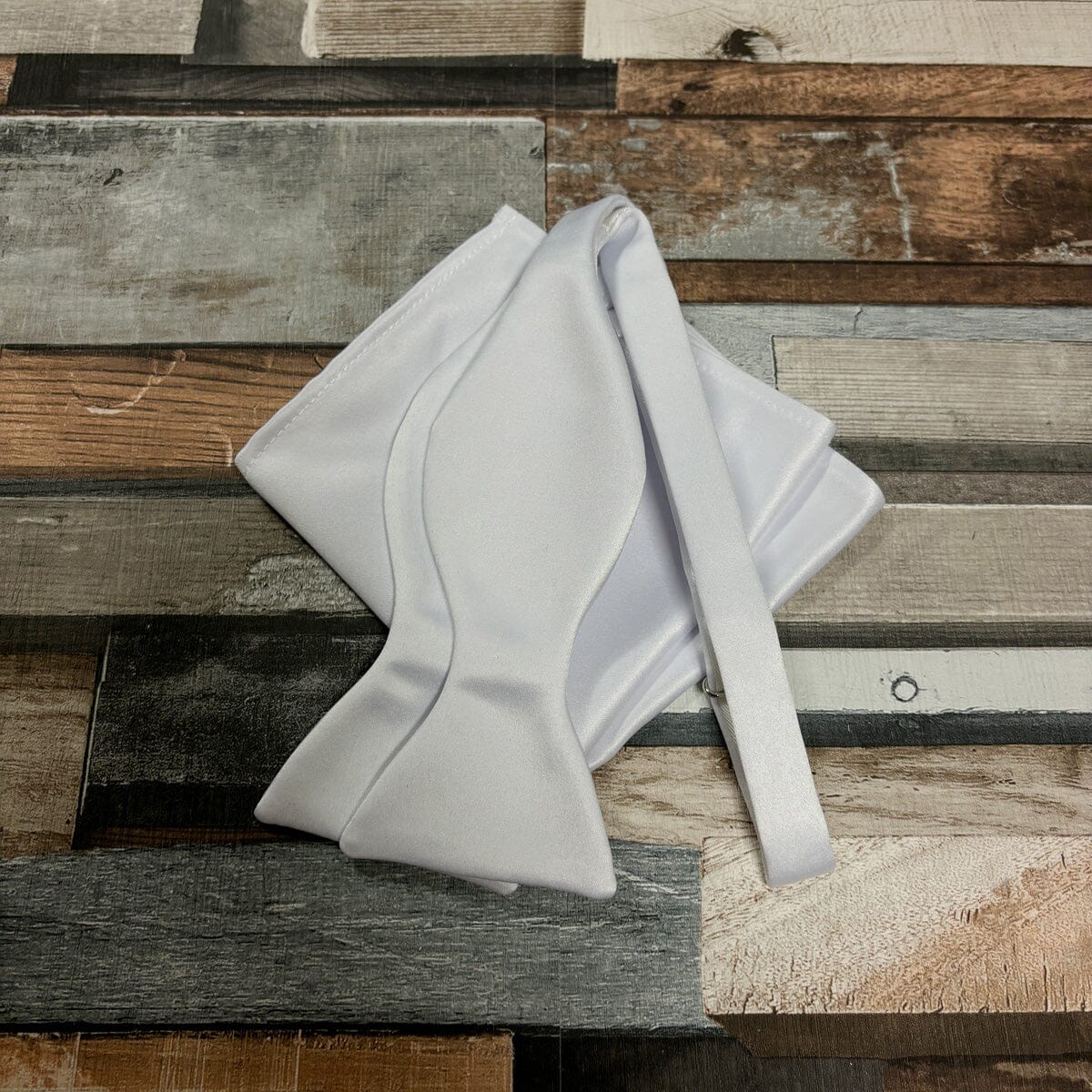 White Satin Bow Tie - Gift Sets - Self-Tie Bow Tie Add Pocket Square - Save £1.00