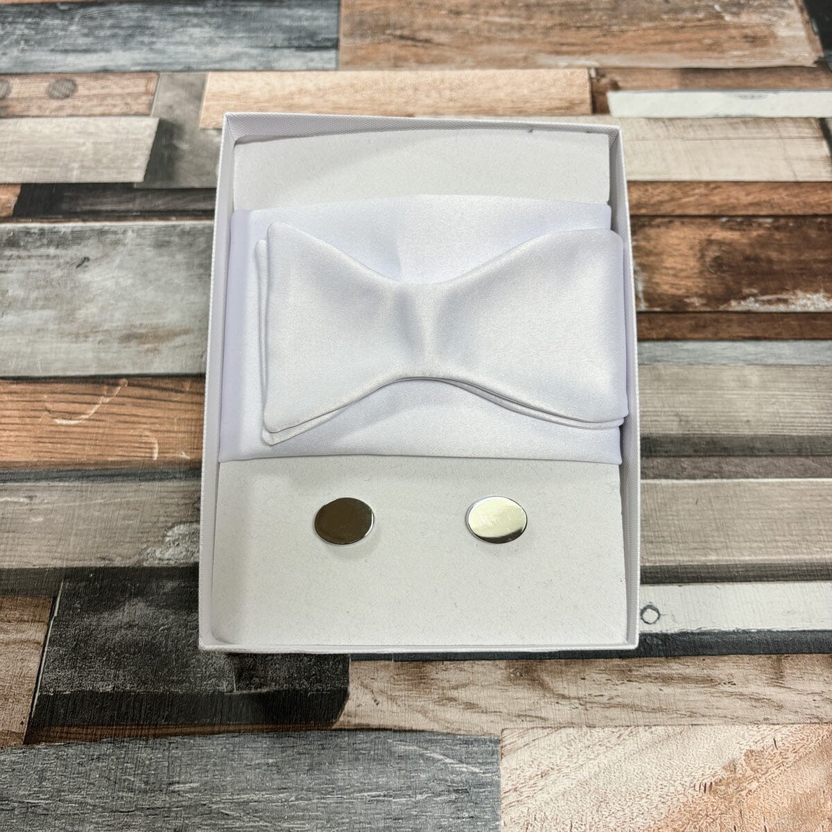 White Satin Bow Tie - Gift Sets - Self-Tie Bow Tie Boxed Set (With Bow/Square/Cufflinks) - Save £8.00