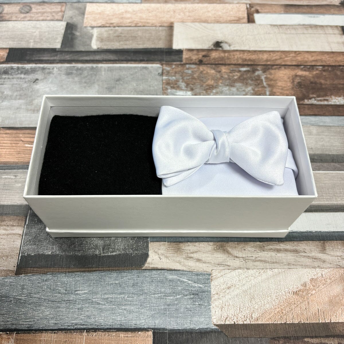 White Satin Bow Tie & Socks Boxed Gift Set - Gift Sets -