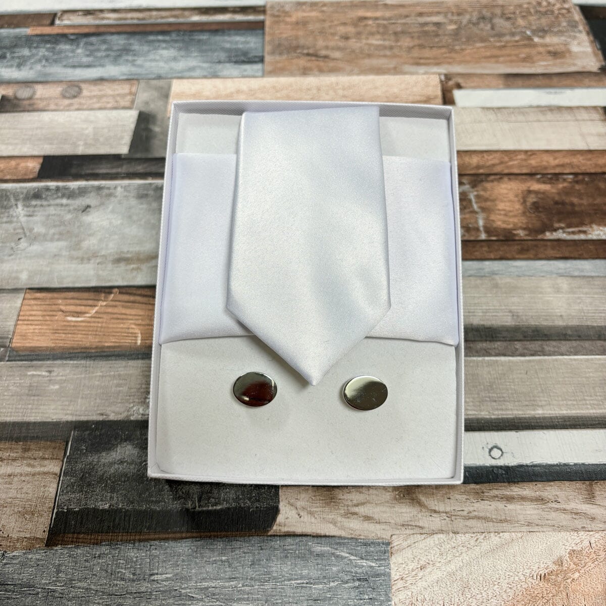 White Satin Tie - Gift Sets - Regular Tie Boxed Set (With Tie/Square/Cufflinks) - Save £8.00