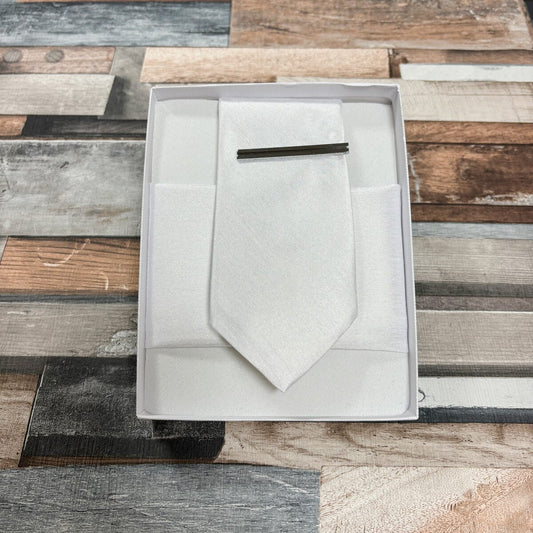 White Shantung Satin Tie - Gift Sets - Regular Tie Boxed Set (With Tie/Square/Bar) - Save £5.00