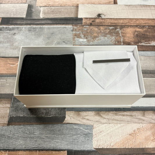 White Shantung Tie & Socks Boxed Gift Set - Gift Sets - Regular Tie with Socks & Pocket Square Boxed Set With Tie Bar
