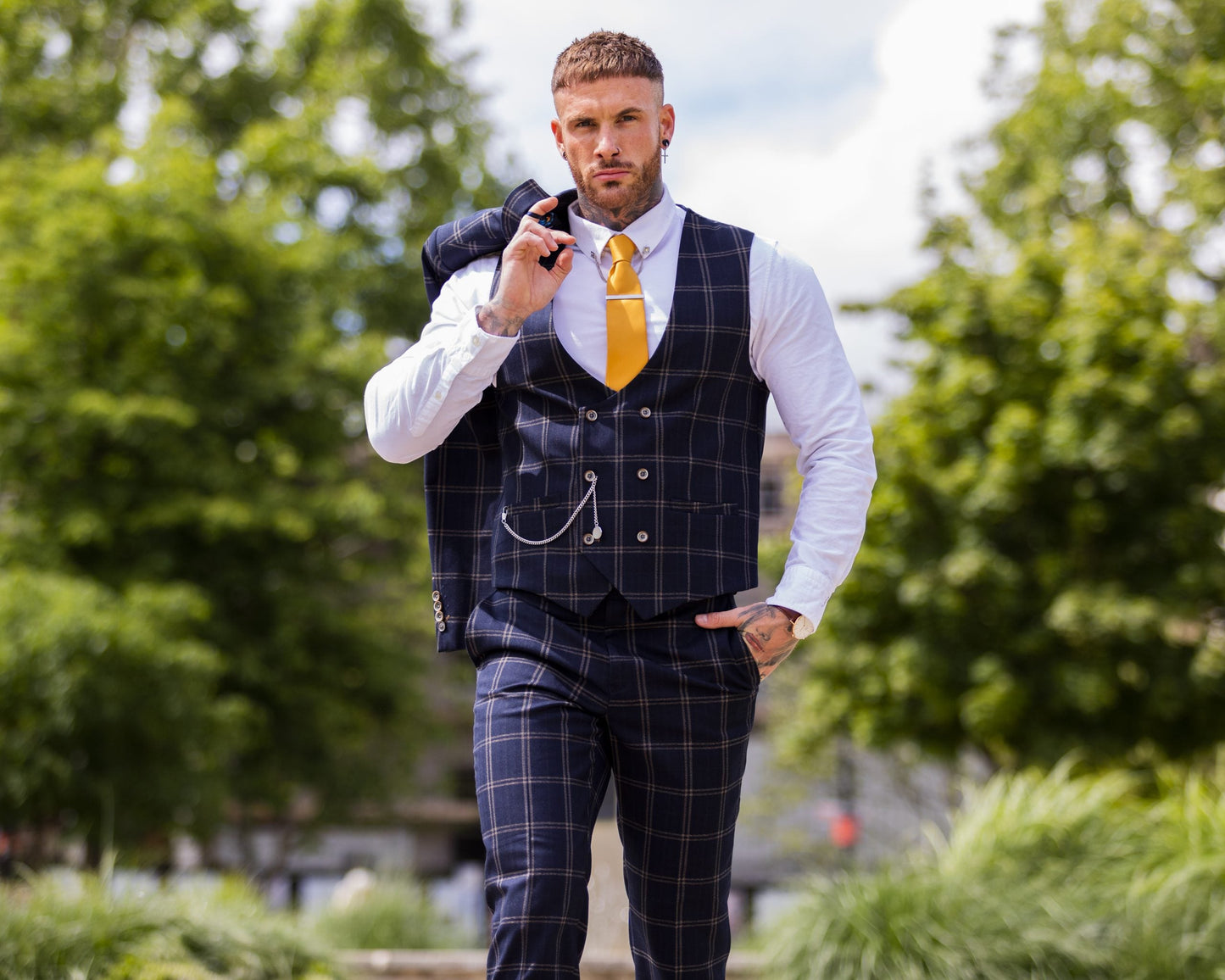 Hardy Navy Checked Waistcoat - Waistcoats - - THREADPEPPER