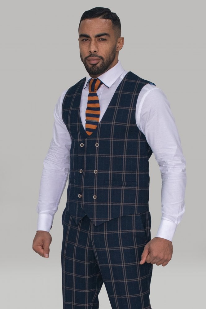 Hardy Navy Checked Waistcoat - Waistcoats - 34R - THREADPEPPER