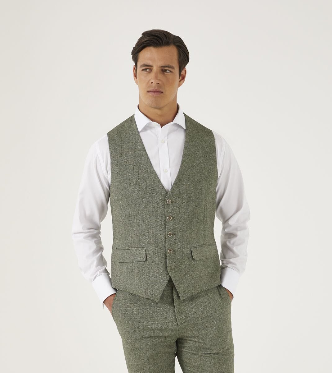 Jude Sage Herringbone Waistcoat - DUE 26/8/23 - Waistcoats - - THREADPEPPER