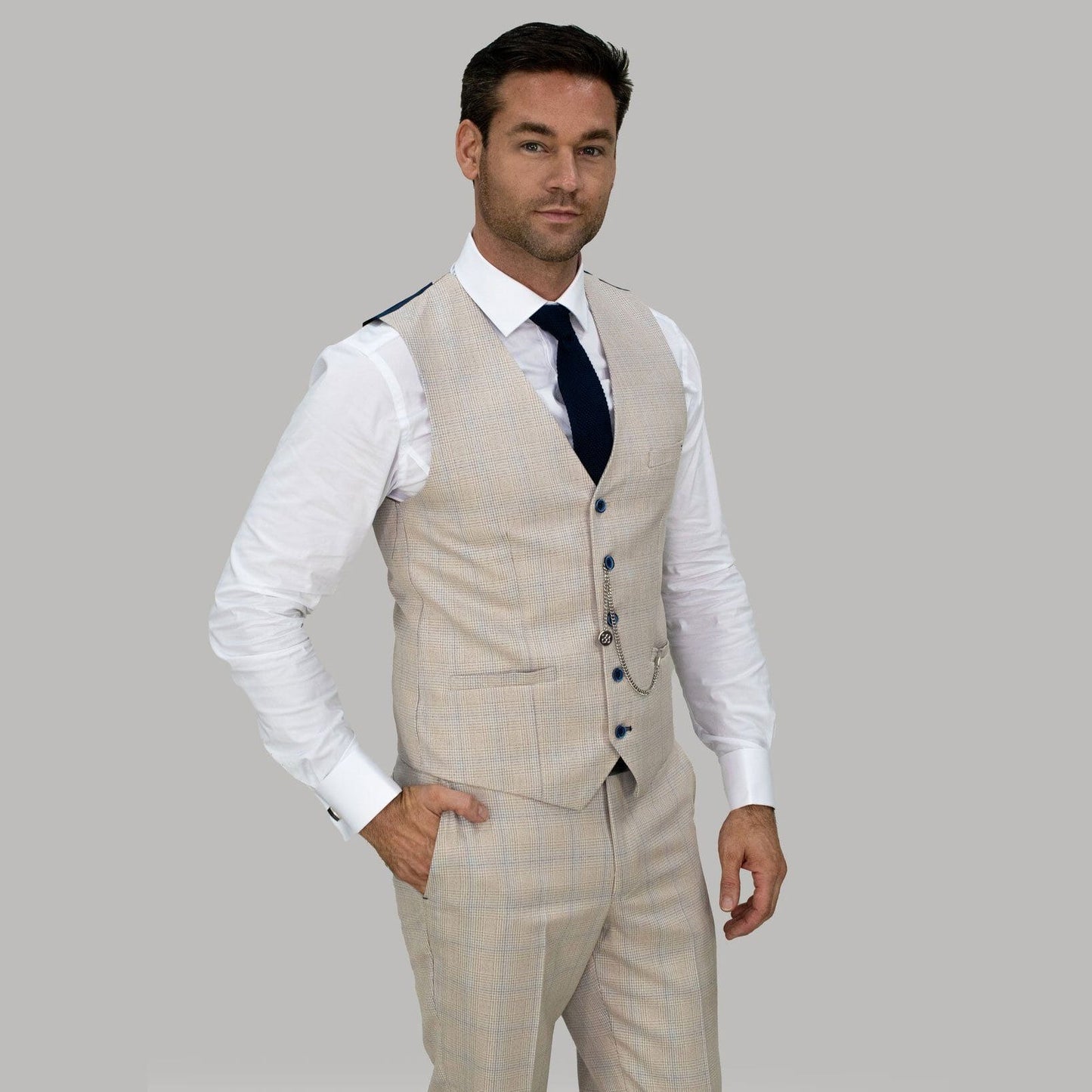 Micro-check Beige Waistcoat - STOCK CLEARANCE - Waistcoats - - THREADPEPPER