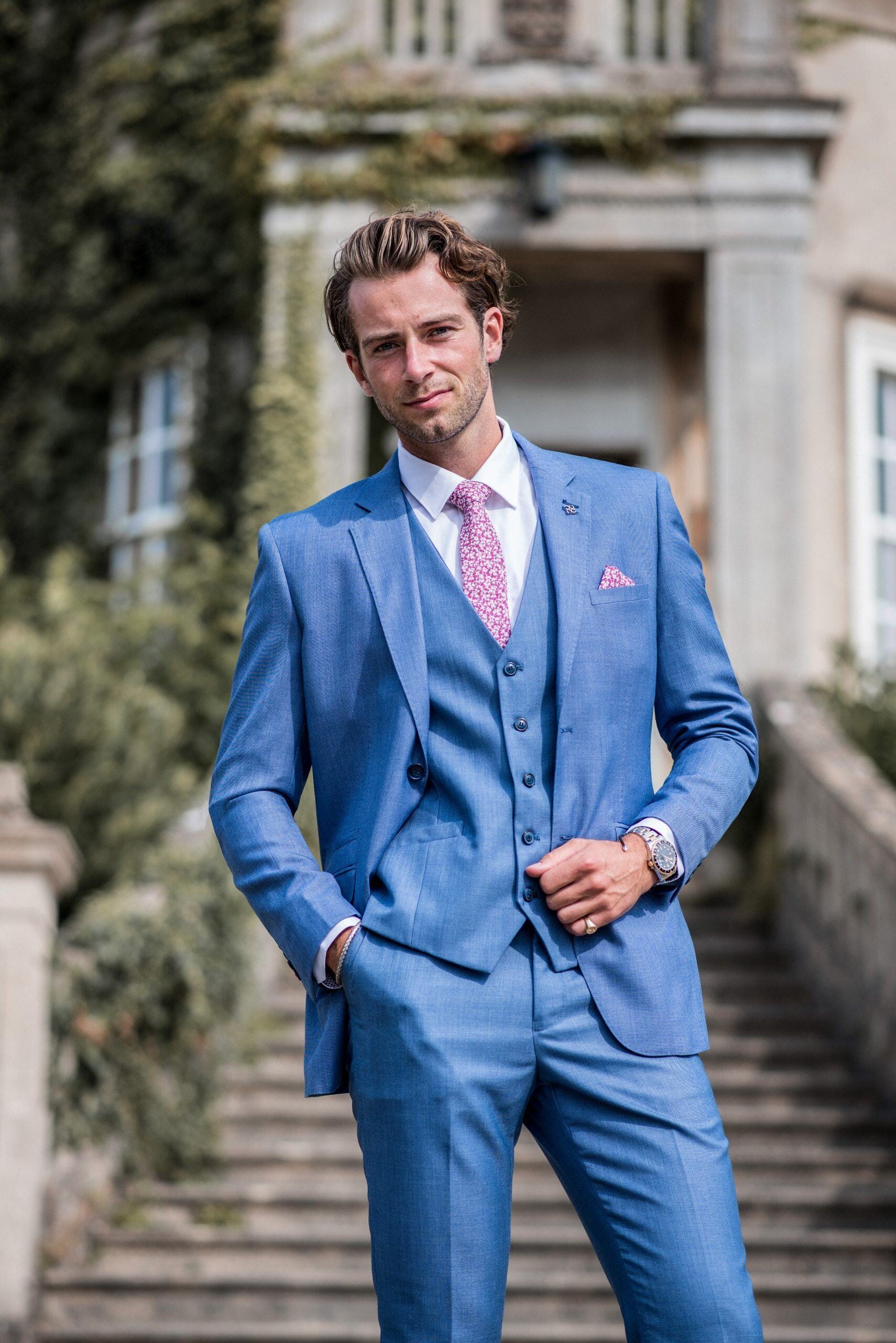Mid Blue Jacket Mens Mid Blue Blazer Wedding Suit – Threadpepper