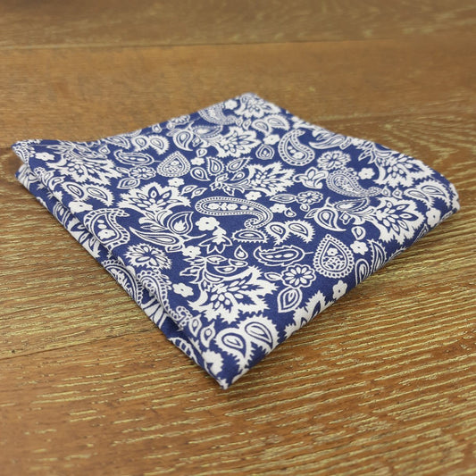 Royal Blue Paisley Blooms Cotton Pocket Square - Handkerchiefs - - THREADPEPPER