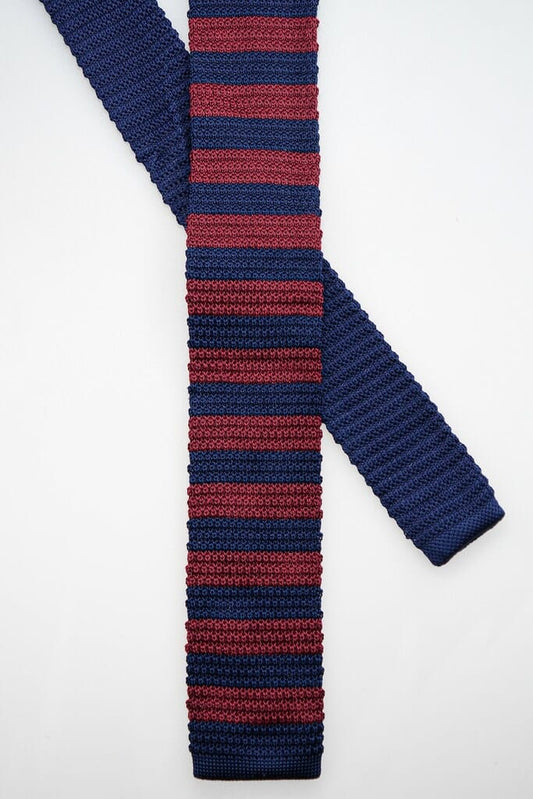 Wine/Navy Stripe Knitted Tie Set - Ties - - THREADPEPPER