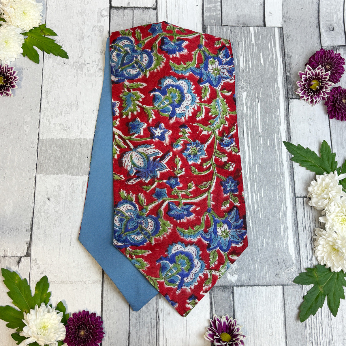 Hand-Printed Red & Blue Floral Modal Silk Cravat