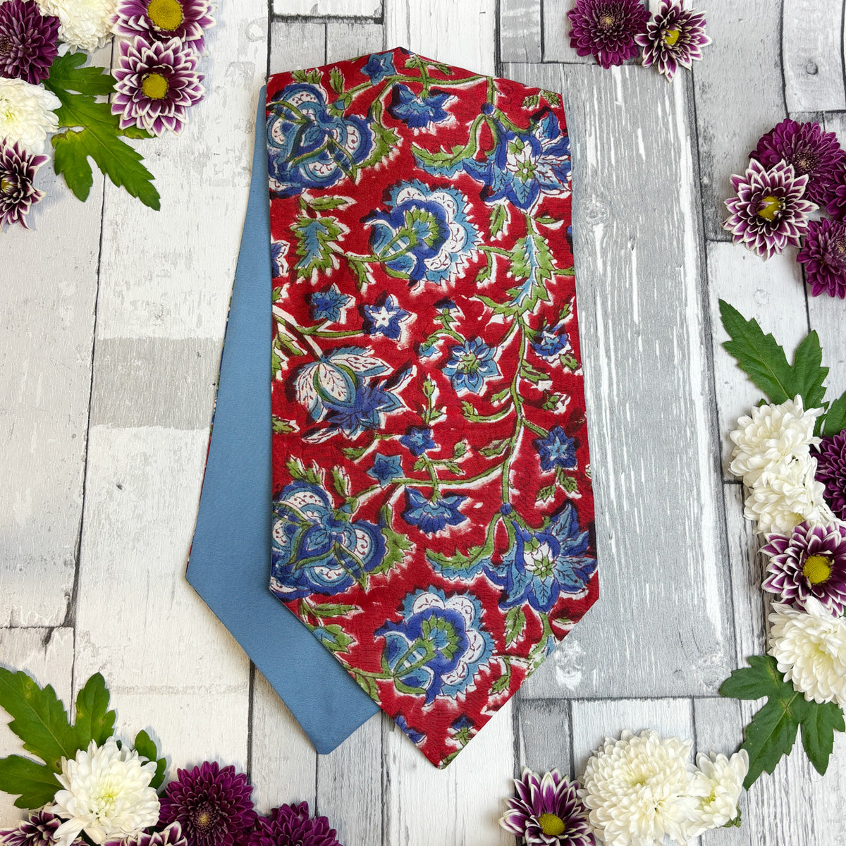 Hand-Printed Red & Blue Floral Modal Silk Cravat