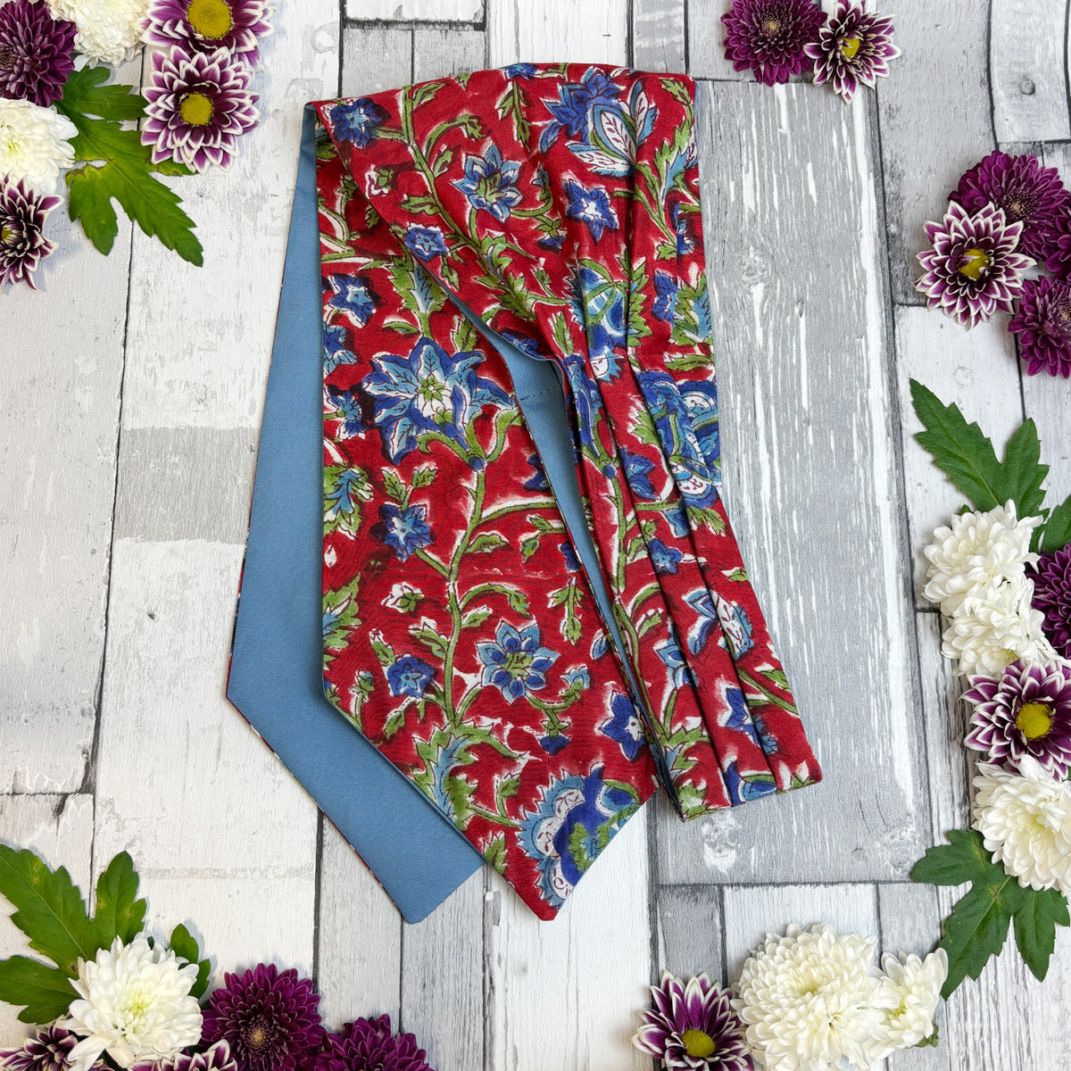 Hand-Printed Red & Blue Floral Modal Silk Cravat
