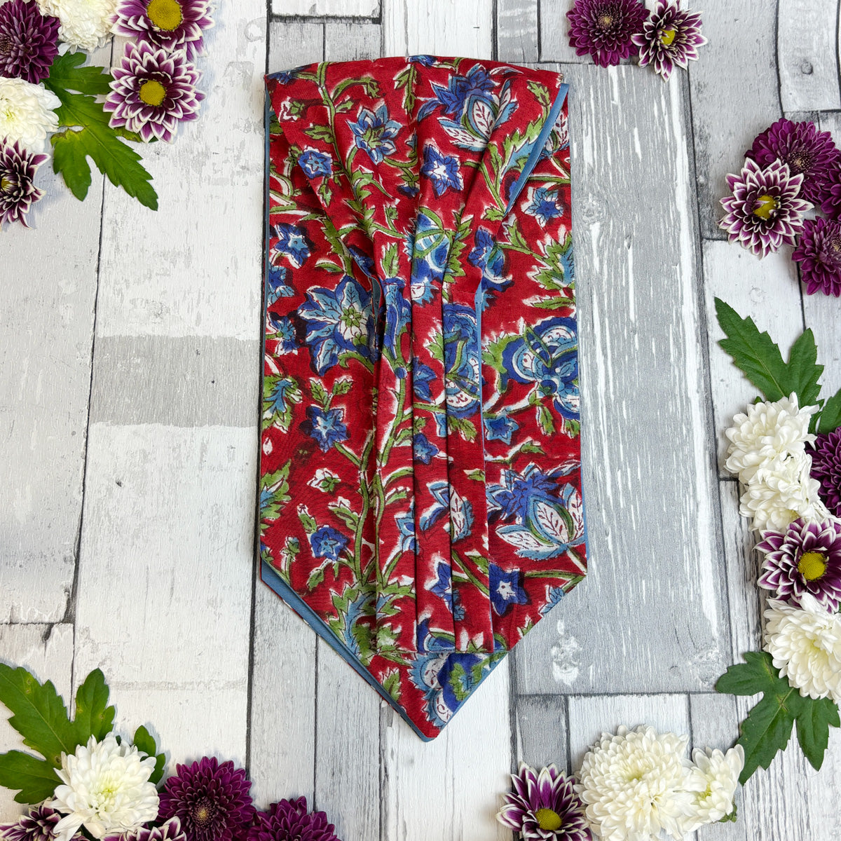 Hand-Printed Red & Blue Floral Modal Silk Cravat