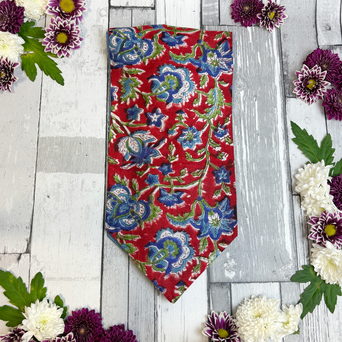 Hand-Printed Red & Blue Floral Modal Silk Cravat