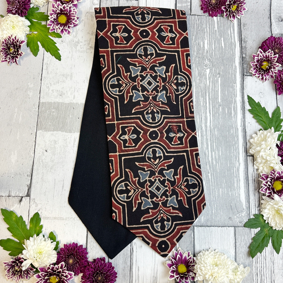 Hand-Printed Black Red Blue Mosaic Cravat - Choose The Backing