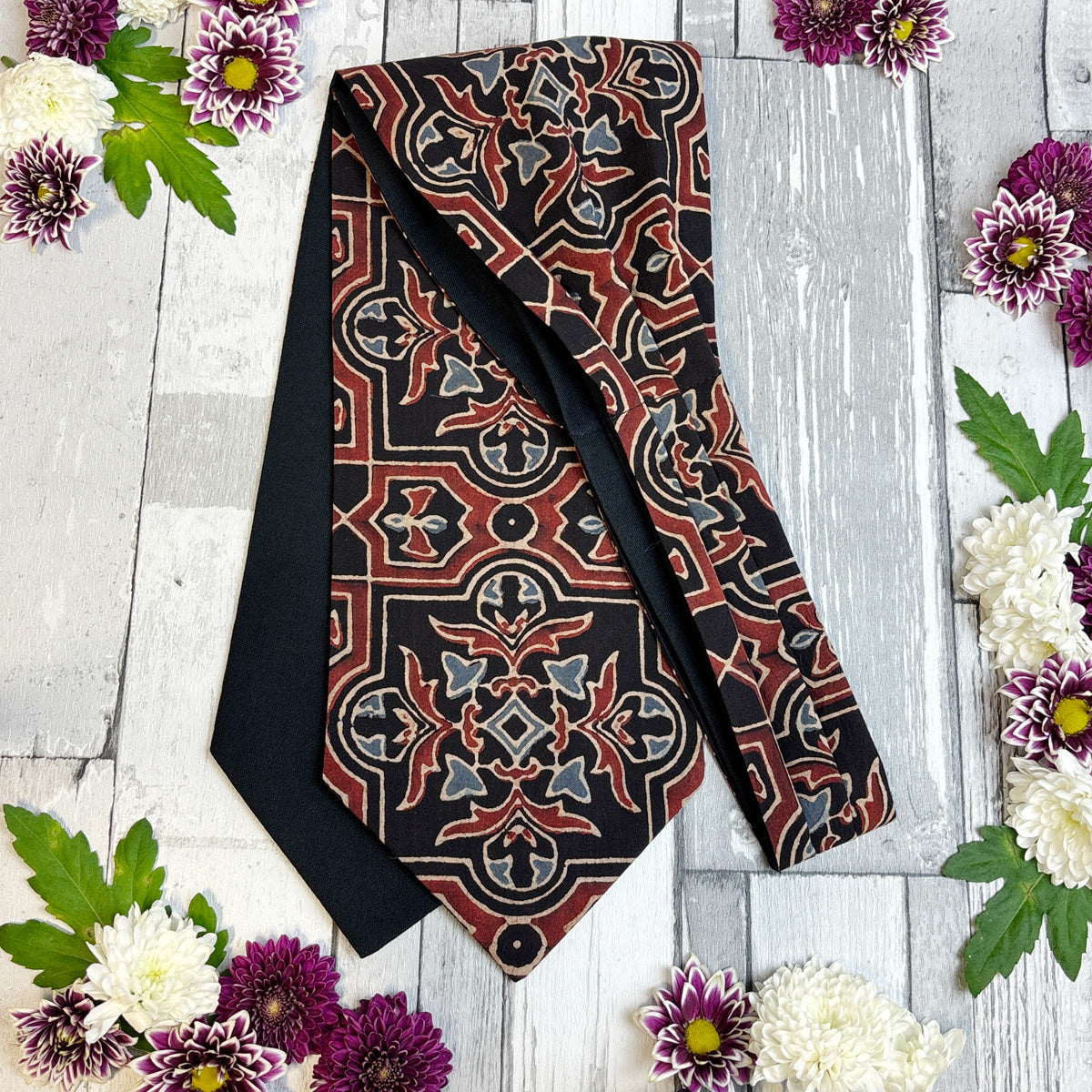 Hand-Printed Black Red Blue Mosaic Cravat - Choose The Backing