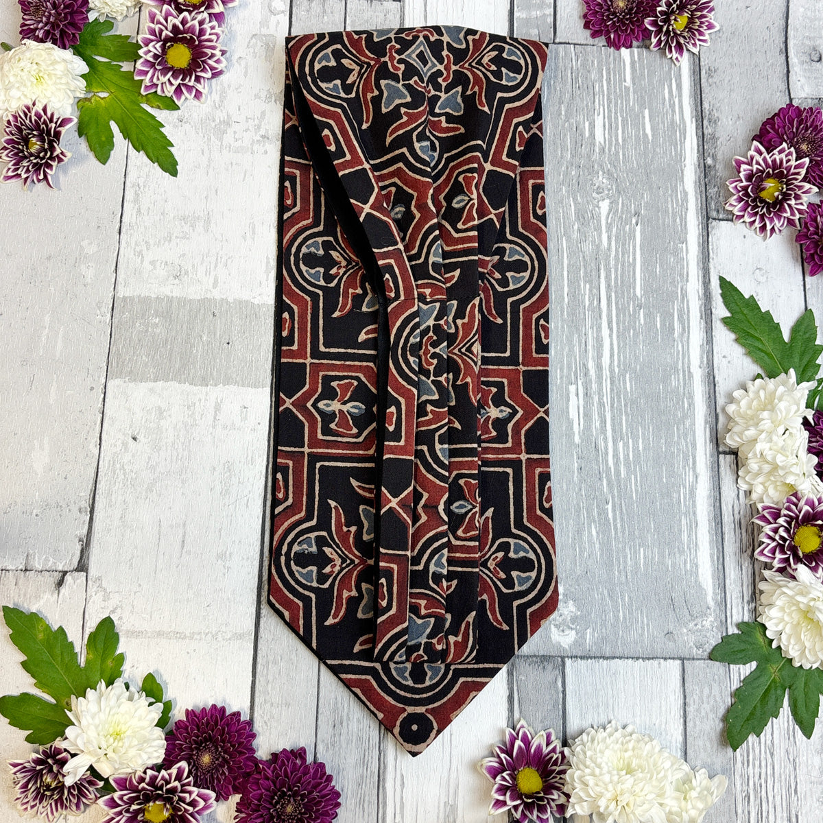 Hand-Printed Black Red Blue Mosaic Cravat - Choose The Backing