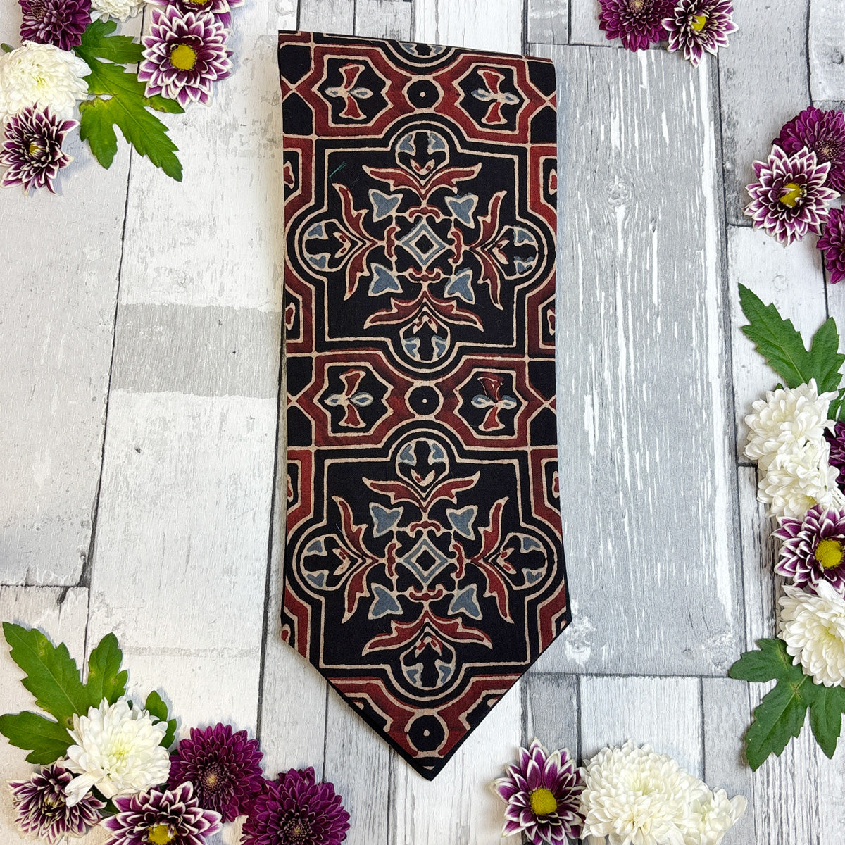 Hand-Printed Black Red Blue Mosaic Cravat - Choose The Backing