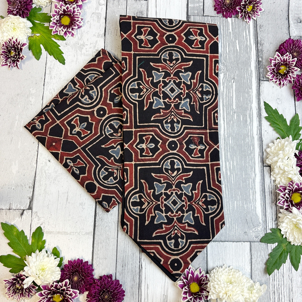 Hand-Printed Black Red Blue Mosaic Cravat - Choose The Backing