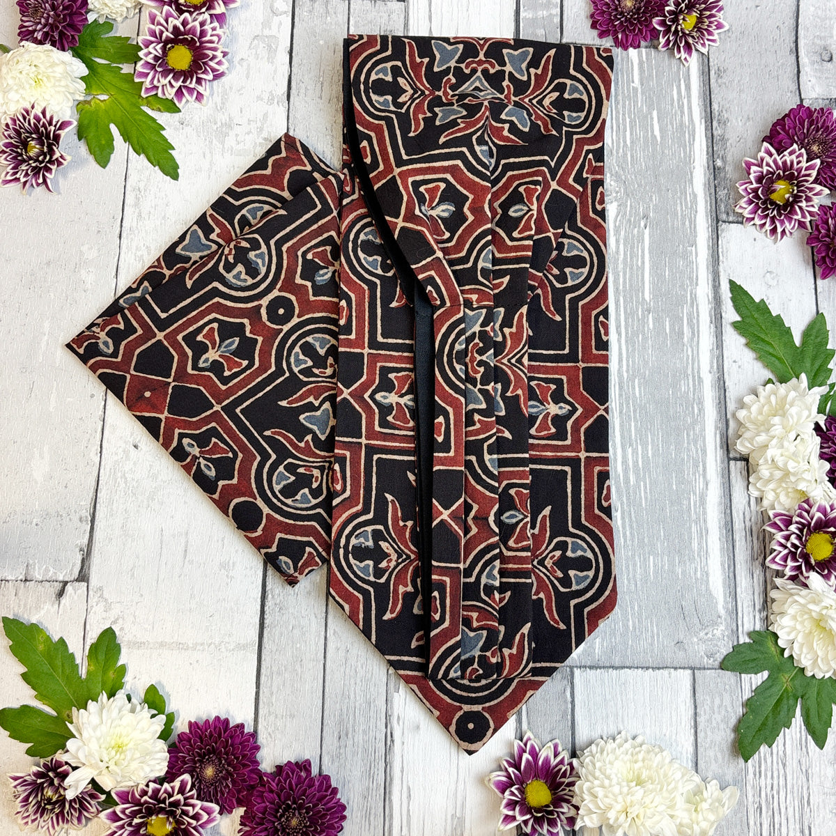 Hand-Printed Black Red Blue Mosaic Cravat - Choose The Backing