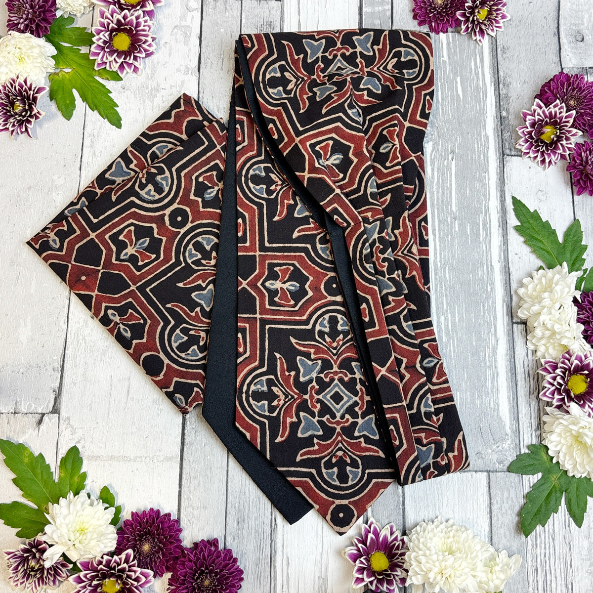Hand-Printed Black Red Blue Mosaic Cravat - Choose The Backing