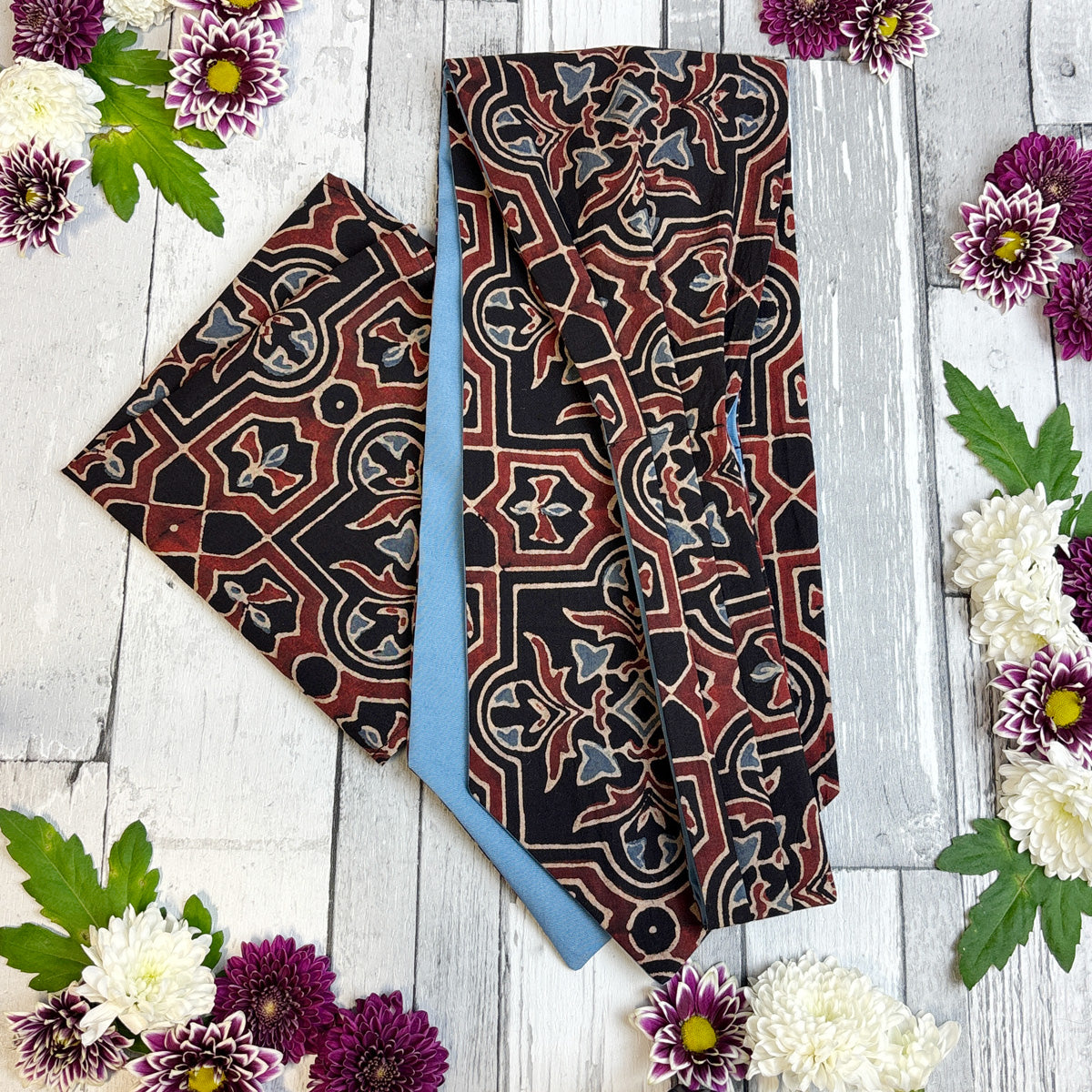 Hand-Printed Black Red Blue Mosaic Cravat - Choose The Backing