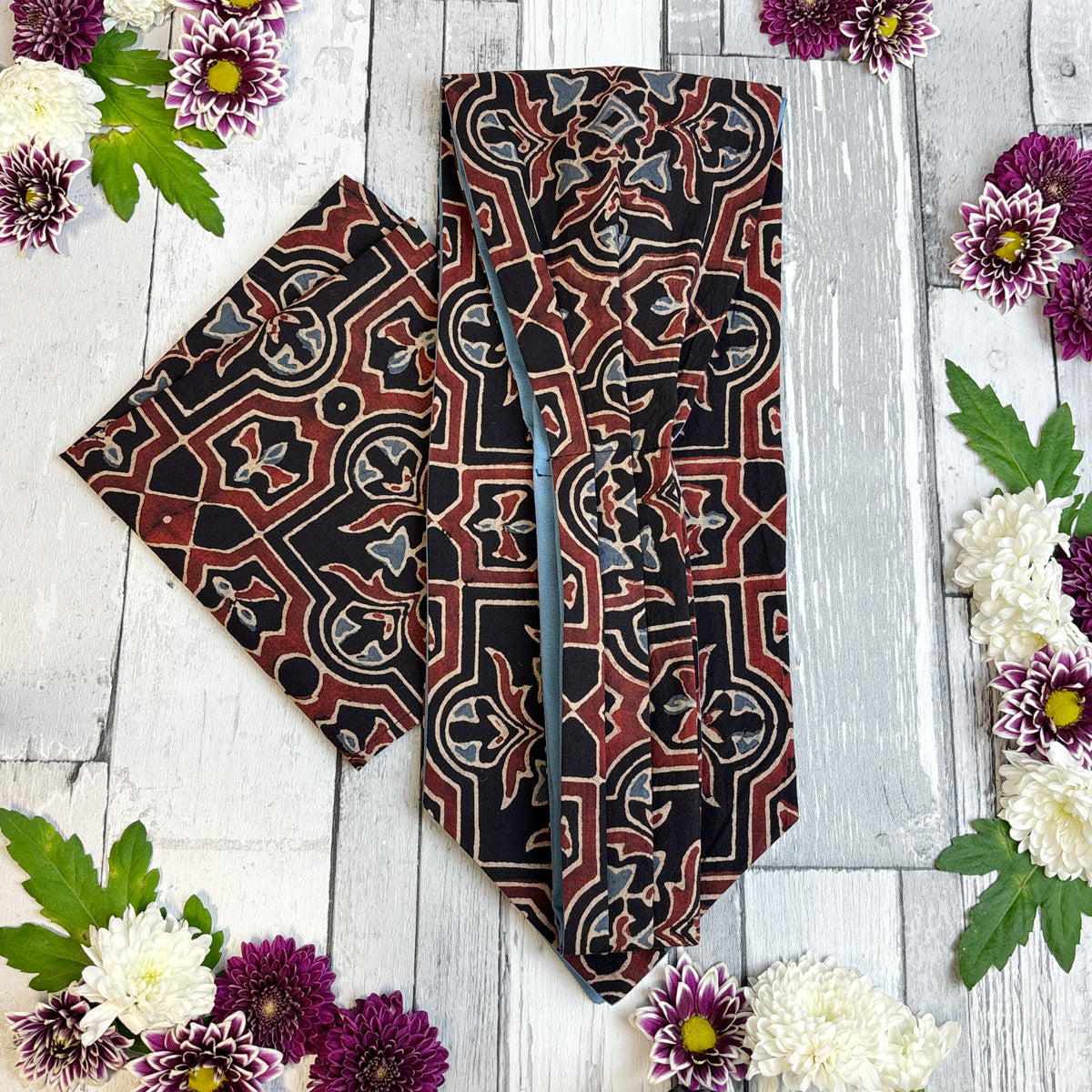 Hand-Printed Black Red Blue Mosaic Cravat - Choose The Backing