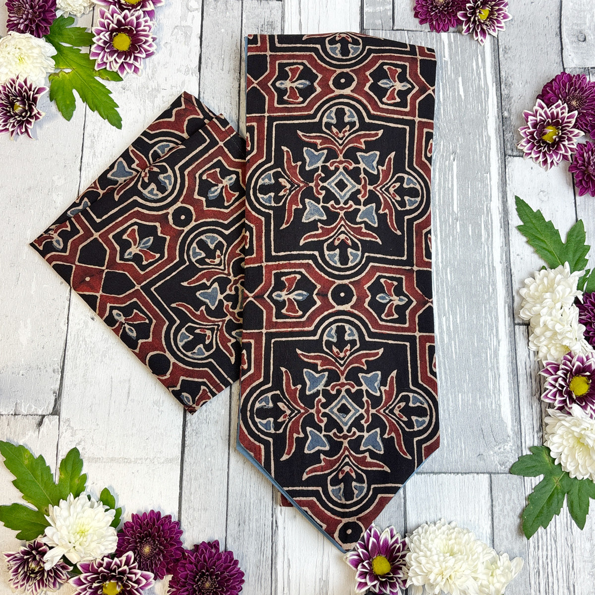 Hand-Printed Black Red Blue Mosaic Cravat - Choose The Backing