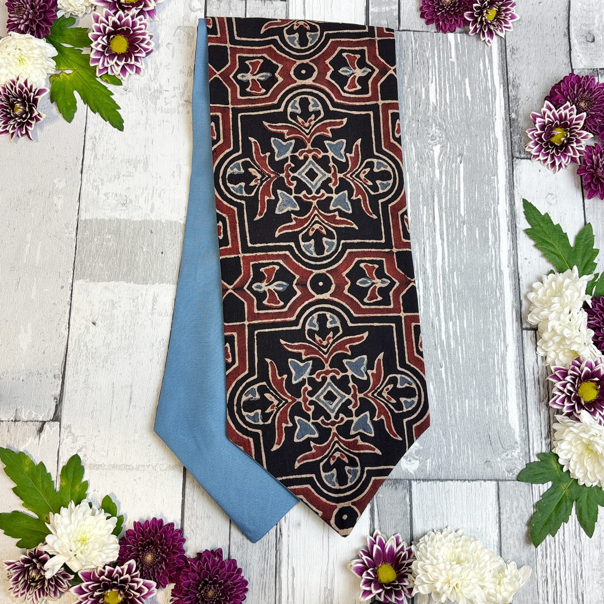 Hand-Printed Black Red Blue Mosaic Cravat - Choose The Backing